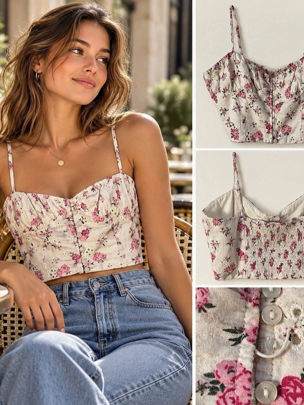 Zara Floral Eyelet Crop Top Large Cotton Linen Bustier Smocked French Coquette